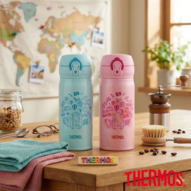 【THERMOS 膳魔師】幻彩旅境不鏽鋼超輕量彈蓋真空保溫瓶350ml(JNL-352)