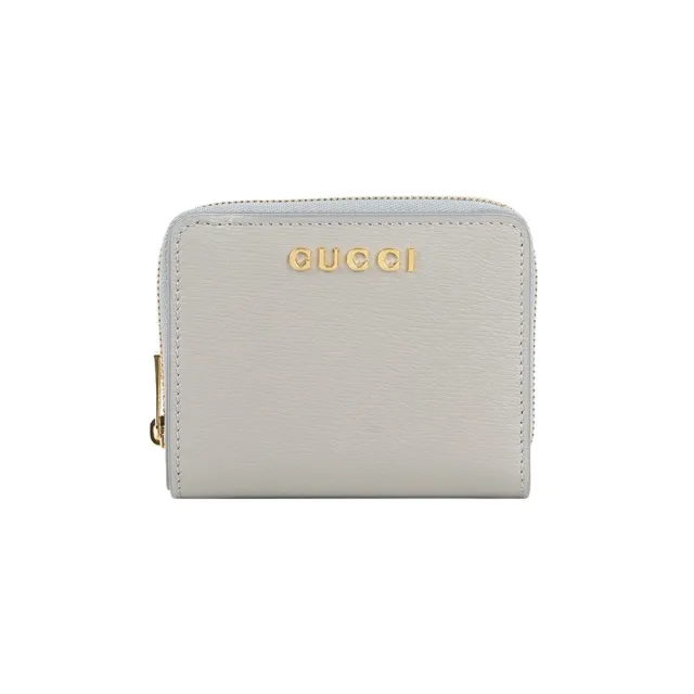 【GUCCI 古馳】金字Logo 拉鍊零錢袋暗釦二折短夾(灰色)