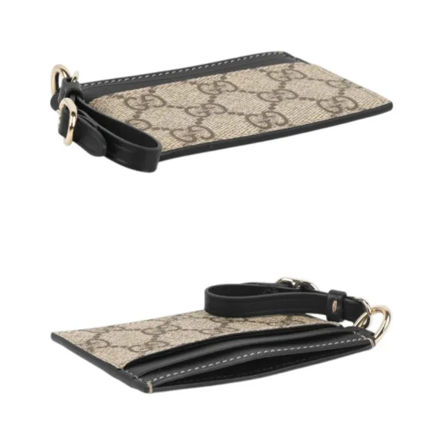 【GUCCI 古馳】GG Emblem 塗層帆布及皮革卡片夾/名片夾(米色/黑色)