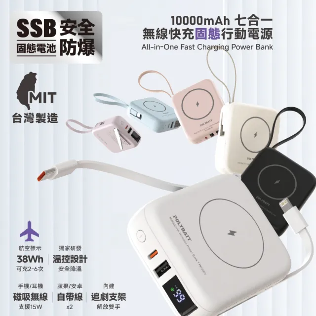 【POLYBATT】台灣製造 10000mAh 防爆固態行動電源(CCC/雙PD快充/磁吸/自帶線) H20