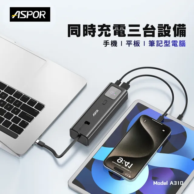 ASPOR 10000mAh 100W數顯快充行動電源(自帶USB-C快充線)