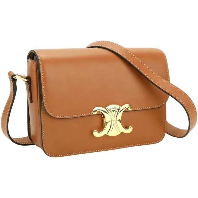 【CELINE】賽琳 Teen Triomphe 黃銅凱旋門鎖天然牛皮肩背包-黃褐色(肩背包 斜背包)