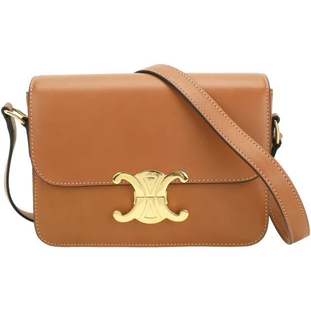 【CELINE】賽琳 Teen Triomphe 黃銅凱旋門鎖天然牛皮肩背包-黃褐色(肩背包 斜背包)