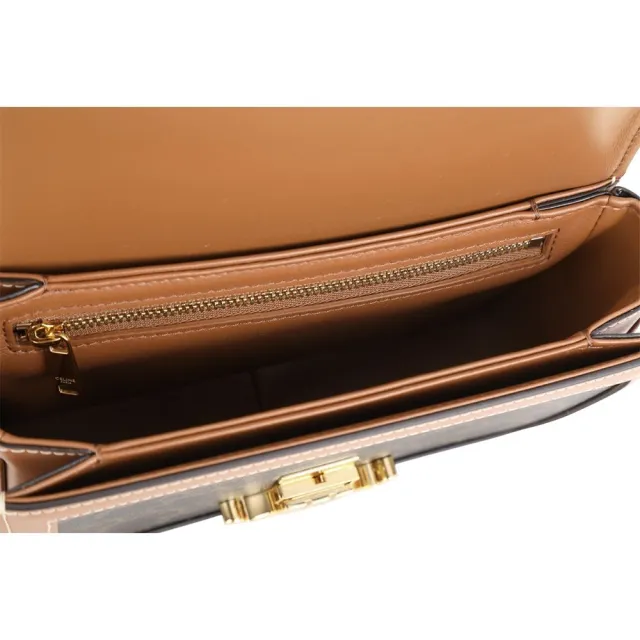 【CELINE】賽琳 TEEN Triomphe 黃銅凱旋門老花帆布拼小牛皮肩背包-黃褐色(肩背包 斜背包)