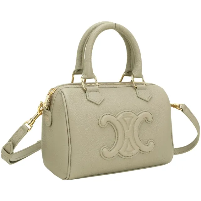 【CELINE】賽琳 小款 凱旋門荔紋牛皮手提肩 斜背波士頓包-灰色(手提包 斜背包 兩用包)