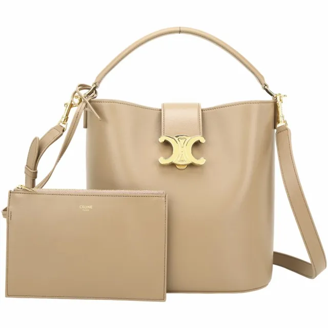 【CELINE】賽琳 LOUISE 中型 天然牛皮手提 斜背兩用水桶包 附可拆萬用袋-卡其色(手提包 斜背包 水桶包)