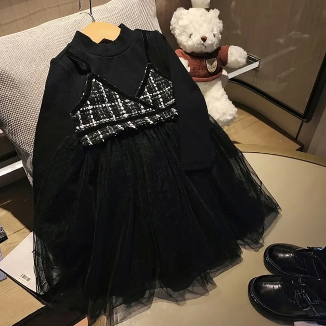 【橘魔法】小香風假兩件紗裙連身洋裝 連衣裙 長袖洋裝 連身裙 紗裙 女童 兒童 童裝