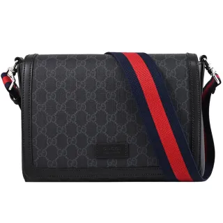 【GUCCI 古馳】GG Supreme 經典雙G印花拼接翻蓋斜背包(黑/灰)