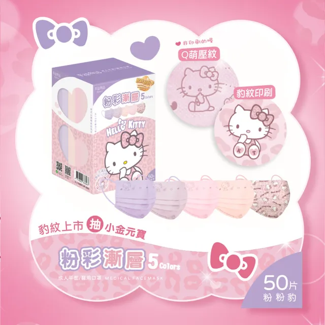 【Injoyyi 幸福物語】Hello Kitty豹紋五色醫療口罩 50片/盒(一盒5色 成人平面多款選)