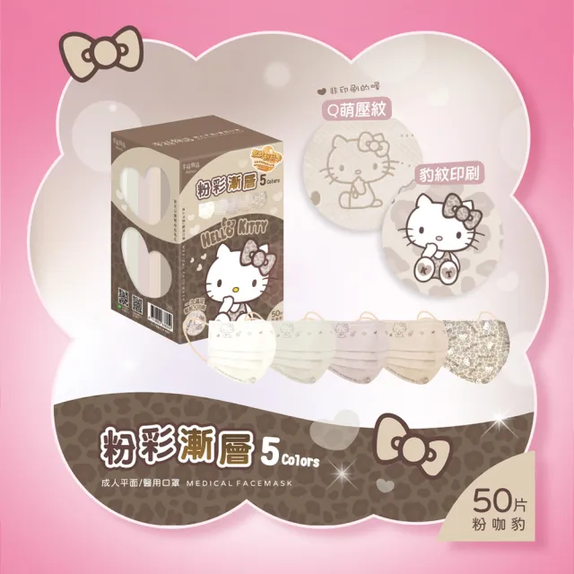 【Injoyyi 幸福物語】Hello Kitty豹紋五色醫療口罩 50片/盒(一盒5色 成人平面多款選)