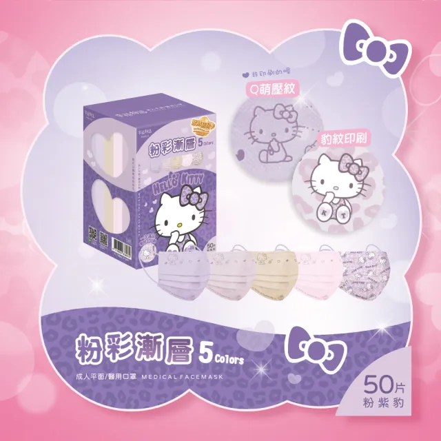 【Injoyyi 幸福物語】Hello Kitty豹紋五色醫療口罩5入組 50片/盒(一盒5色 成人平面多款選)