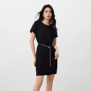 【G2000】女款 皺褶紋短袖附腰帶洋裝-黑色(5623602599)
