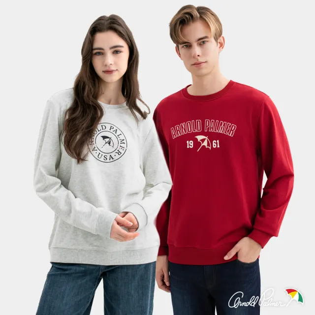 【Arnold Palmer 雨傘】男女裝-經典雨傘LOGO刺繡印花大學T(多款任選)