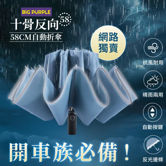 【雨傘王】2入組 10骨反向傘 折疊傘 超抗風傘骨 開車必備 反光邊條(BigPurple超值款無維修1)