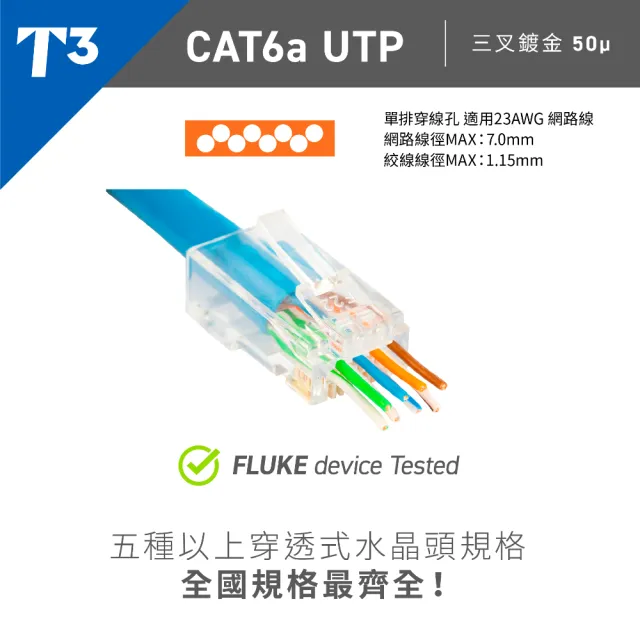 (美國T3) Cat6A 穿透式水晶頭 UTP 50入(水晶頭 / 網路線)