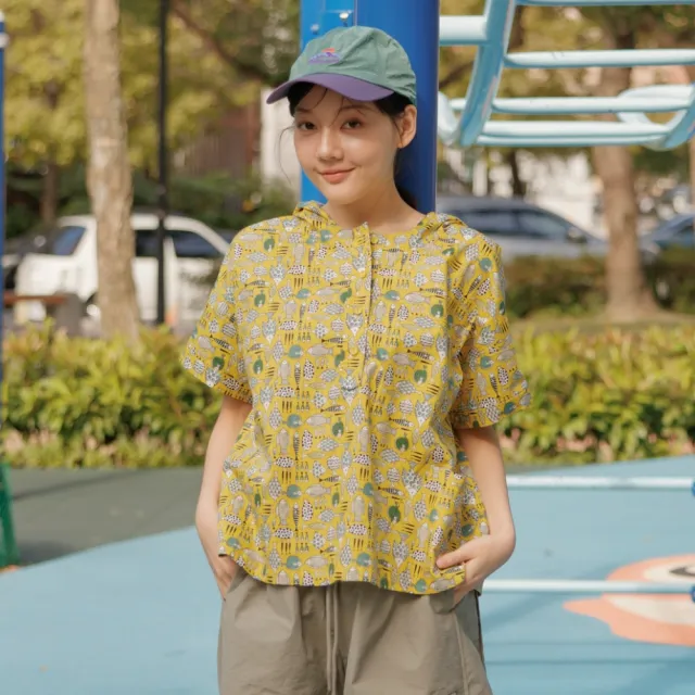 【MOSS CLUB】日本布魚兒印花連帽短袖上衣 藍 灰 黃