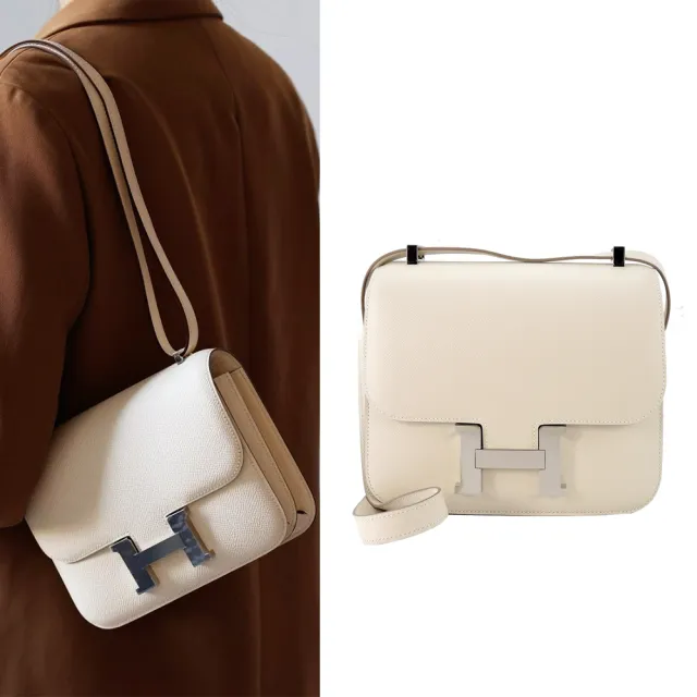 【Hermes 愛馬仕】Constance EP防刮牛皮斜背包(24cm/10米白/銀釦)