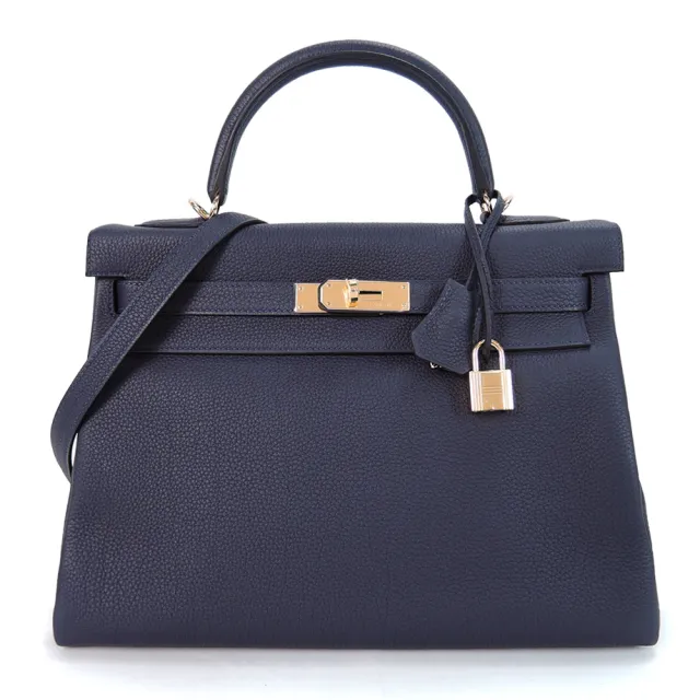 【Hermes 愛馬仕】Kelly 32CM A年 Togo牛皮手提/肩背凱莉包(2Z深藍/金釦)