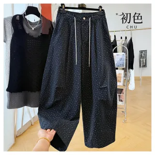 【初色】簡約休閒寬鬆碎花印花鈕扣高腰雙口袋鬆緊綁帶闊腿彎刀褲寬褲長褲-黑色-18790(M-2XL可選)