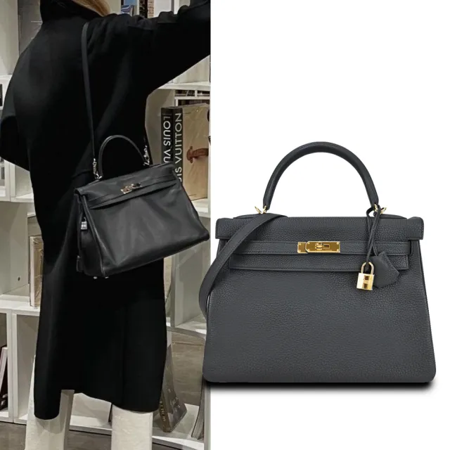 【Hermes 愛馬仕】Kelly 32CM Epsom A年 牛皮手提/肩背凱莉包(黑89/金釦)