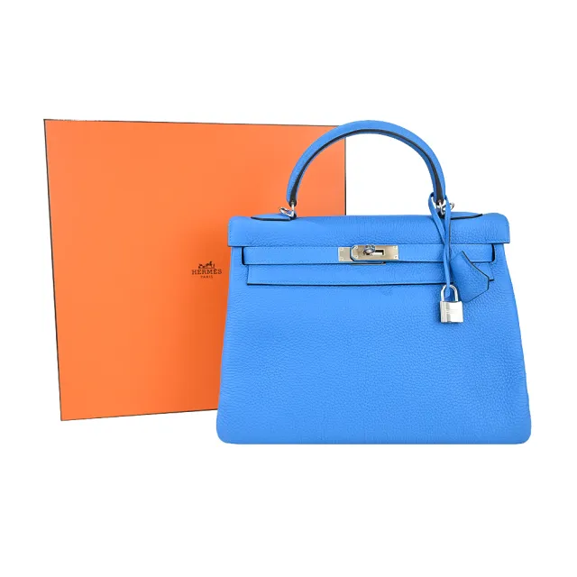 【Hermes 愛馬仕】Kelly 32CM A年 TOGO 牛皮手提/肩背凱莉包(B3海島藍/銀釦)