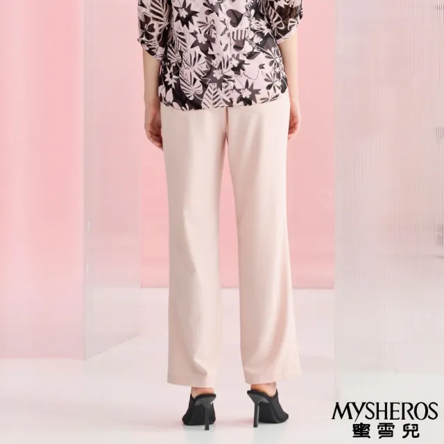 【MYSHEROS 蜜雪兒】造型直筒雪紡長褲 鬆緊垂墜象牙白飾腰頭(粉)