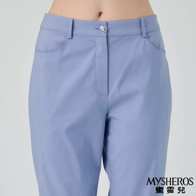 【MYSHEROS 蜜雪兒】造型嫘縈修身長褲 前釦拉鍊後鬆緊 褲腳開岔修飾(灰藍)