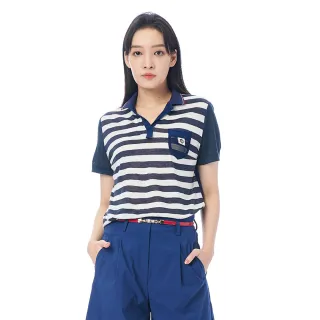 【KeyWear 奇威名品】POLO領拼接條紋設計上衣