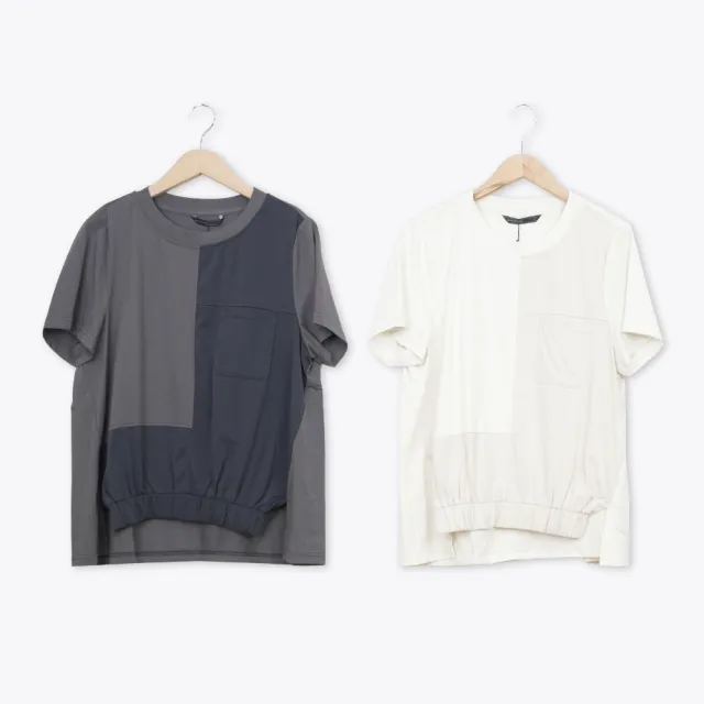 【MASTINA】拼布前縮口休閒短袖T 杏 灰(魅力商品)