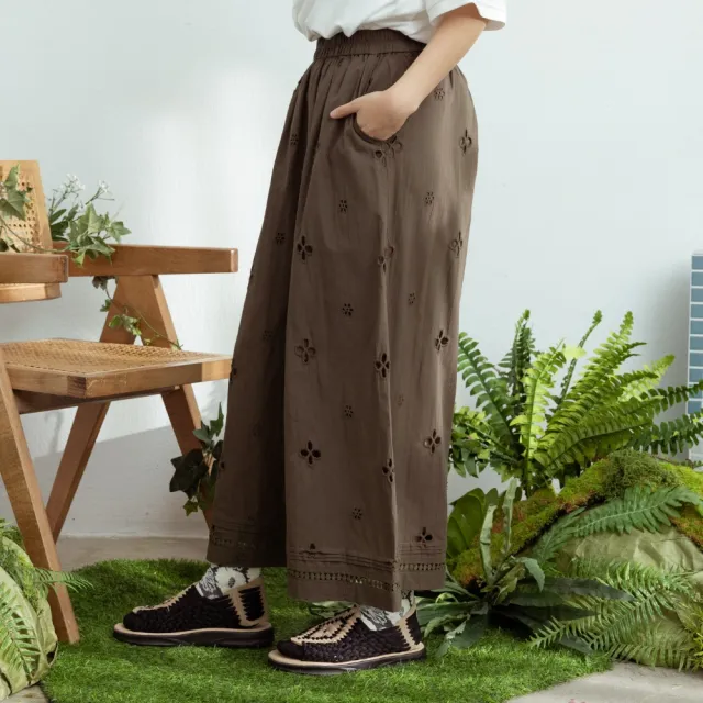 【MOSS CLUB】全棉蕾絲布下襬抓摺寬褲 黑 白 綠(魅力商品)