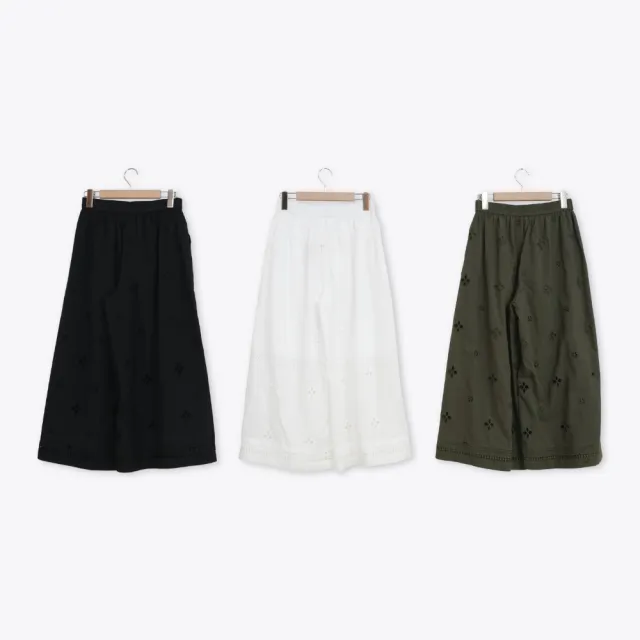 【MOSS CLUB】全棉蕾絲布下襬抓摺寬褲 黑 白 綠(魅力商品)