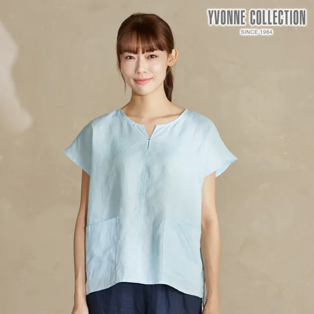 【YVONNE 以旺傢飾】亞麻素面連袖上衣-淺藍