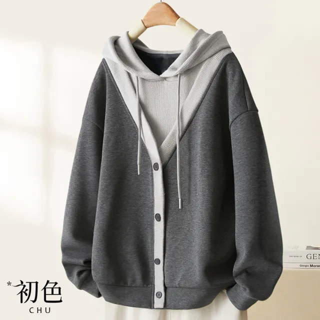 【初色】日系拚色假兩件假門襟長袖連帽帽T上衣女上衣-共3色-10979(M-3XL可選/快速出貨)
