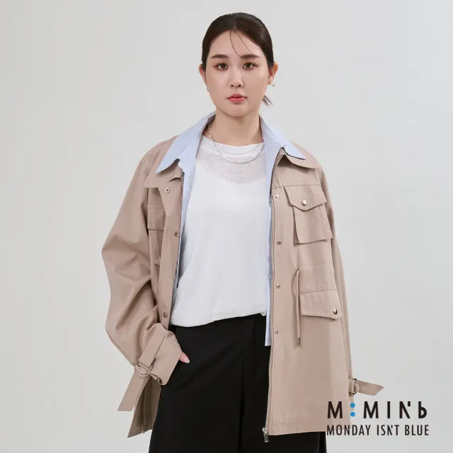 【M:MINb】假兩件襯衫大翻領派克外套(淺卡其/中大尺碼女裝/XL女裝/女裝/梨形穿搭/梨形友好/上班穿搭)