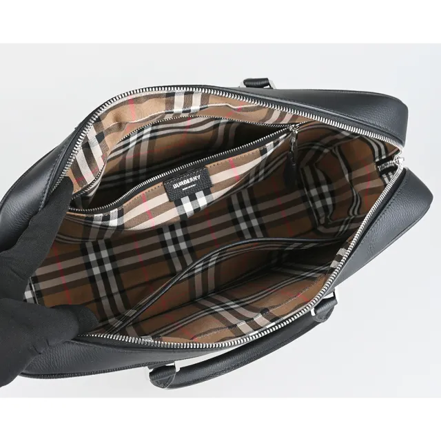 【BURBERRY 巴寶莉】BURBERRY Ellsworth立體銀字LOGO小牛皮拉鍊手提/肩背/斜背公事包(黑)