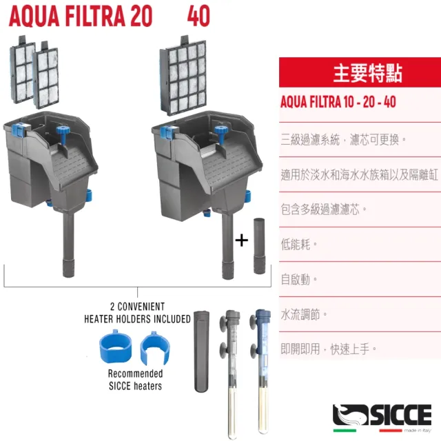 【SICCE】希捷 40型 靜音型 多功能外掛 600L/H 三階段濾芯系統含濾材(義大利製造台灣公司貨WA40)