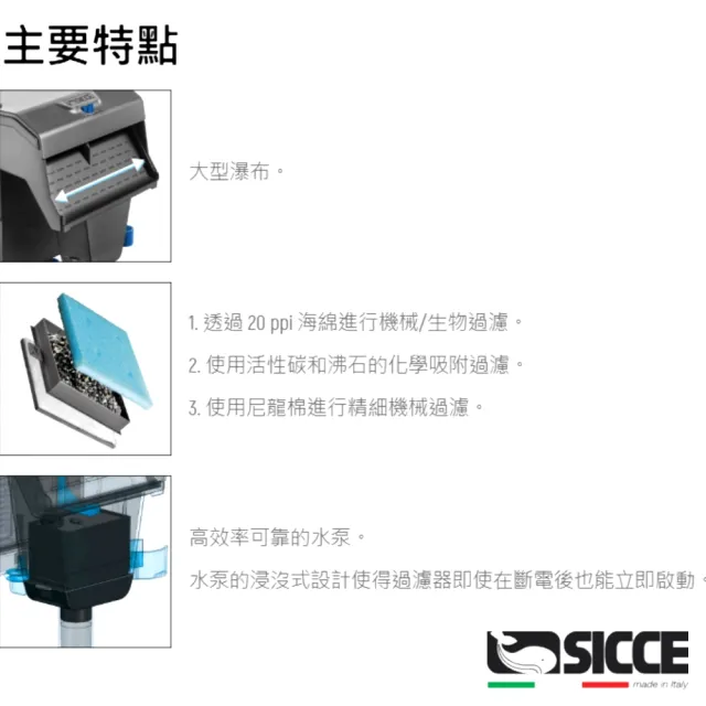 【SICCE】希捷 40型 靜音型 多功能外掛 600L/H 三階段濾芯系統含濾材(義大利製造台灣公司貨WA40)