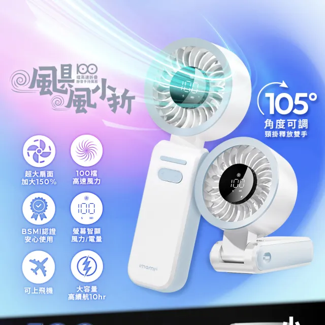 【Imami】颶風小折 100檔高速折疊靜音手持風扇/頸掛/手持/桌用-BOSE-HF05W