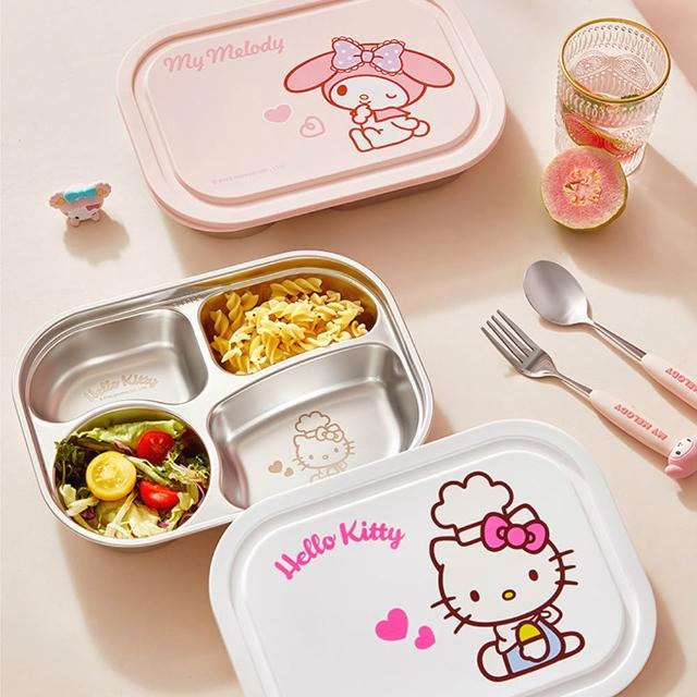 【SANRIO 三麗鷗】酷洛米大耳狗美樂蒂凱蒂貓兒童304不鏽鋼帶蓋4格餐盤(分格便當盒)