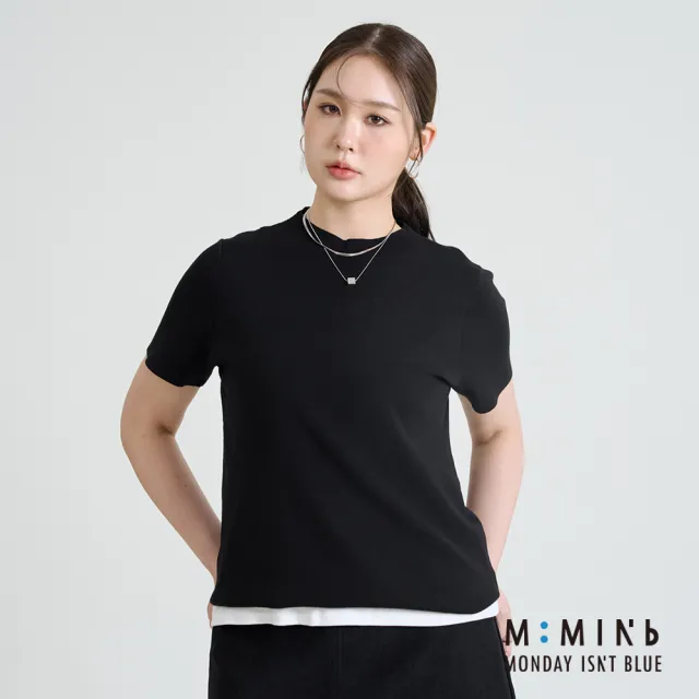 【M:MINb】立領彈性短袖毛衣(黑色/中大尺碼女裝/XL女裝/女裝/梨形穿搭/梨形友好/上班穿搭)