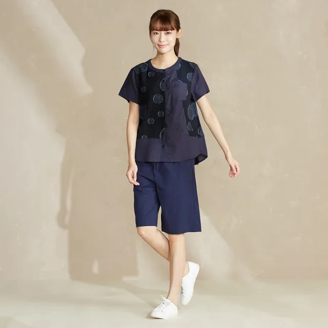 【YVONNE 以旺傢飾】棉麻圓圈剪花短袖開襟衫-丈青