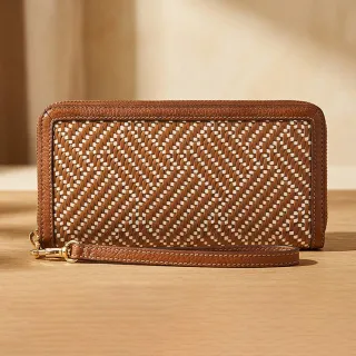 【FOSSIL】Logan 多層真皮拉鍊RFID防盜長夾-馬鞍紋編織 SL10099994