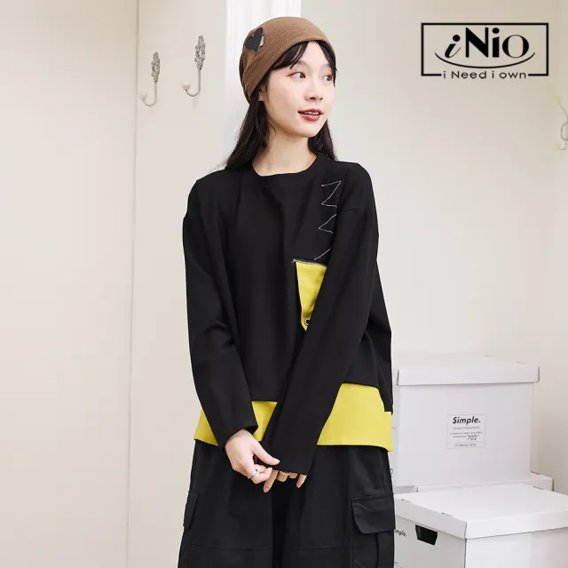 【iNio 衣著美學】撞色拼接舒適長袖上衣 幾何撞色 舒適落肩 圓領長袖棉T CEW1894