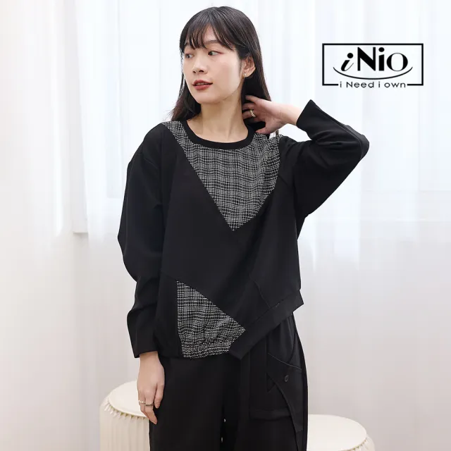 【iNio 衣著美學】不對稱格紋拼接長袖上衣 落肩剪裁 不對稱弧形下襬 特殊口袋 長袖棉T CEW1895
