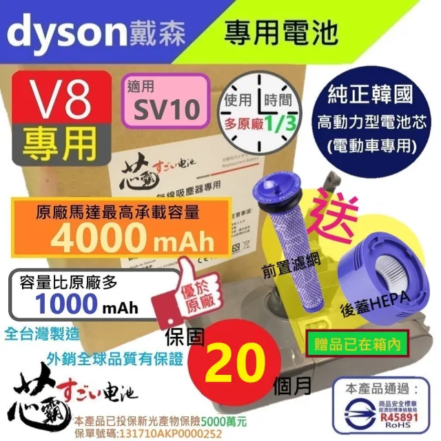 Dyson 戴森 V8 slim 保固20個月 全台製 4000mAh SV10 吸塵器專用台灣製造電池 內附好禮(全台製 保固20個月)