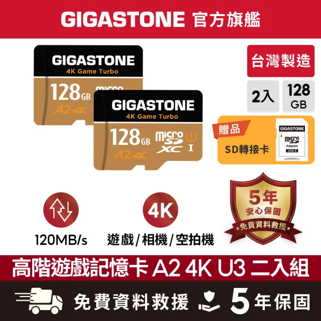 【Gigastone 立達國際】2入組 4K高速遊戲 攝影 監視器記憶卡 A2U3 128GB Game Turbo(MIT/資料救援/microSD)