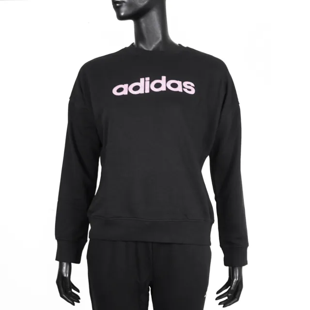 【adidas 愛迪達】W B Lin Ft Sw 女 長袖上衣 休閒長袖 黑 大學T 居家 日常(KA7197)