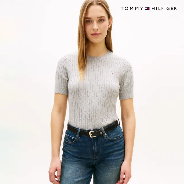 【TOMMY HILFIGER】官方旗艦館絞花針織短袖針織上衣_灰色