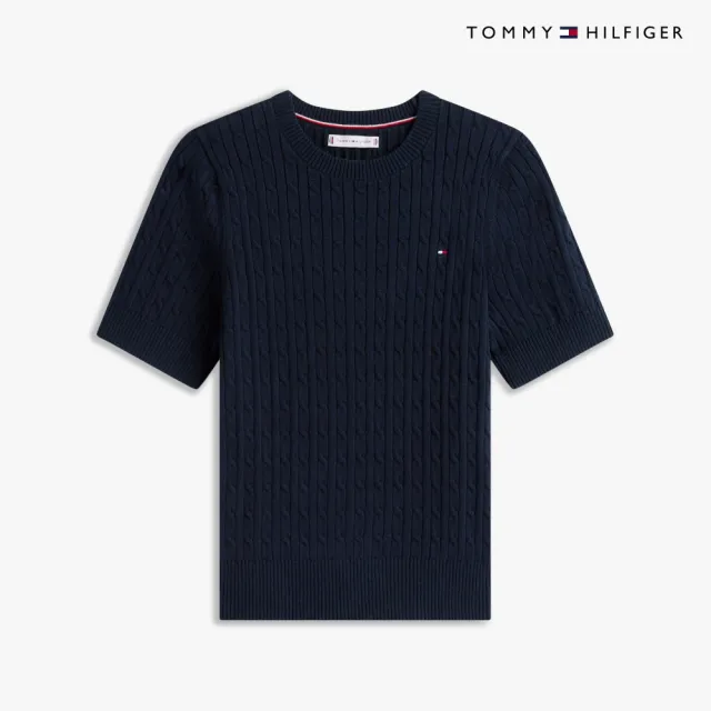 【TOMMY HILFIGER】官方旗艦館絞花針織短袖針織上衣_藍色
