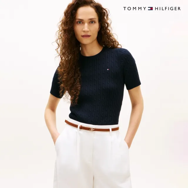 【TOMMY HILFIGER】官方旗艦館絞花針織短袖針織上衣_藍色